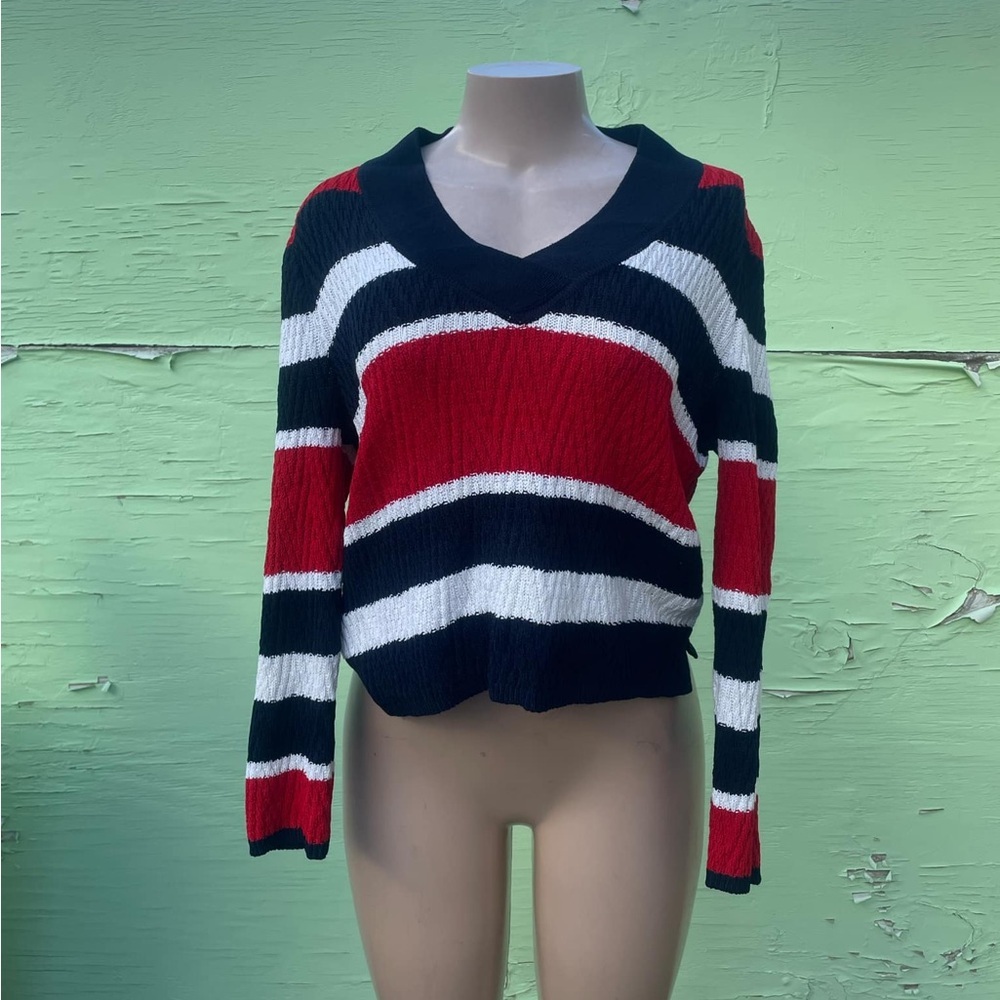St. John Striped V-Neck Sweater in Red, White, and navy blue